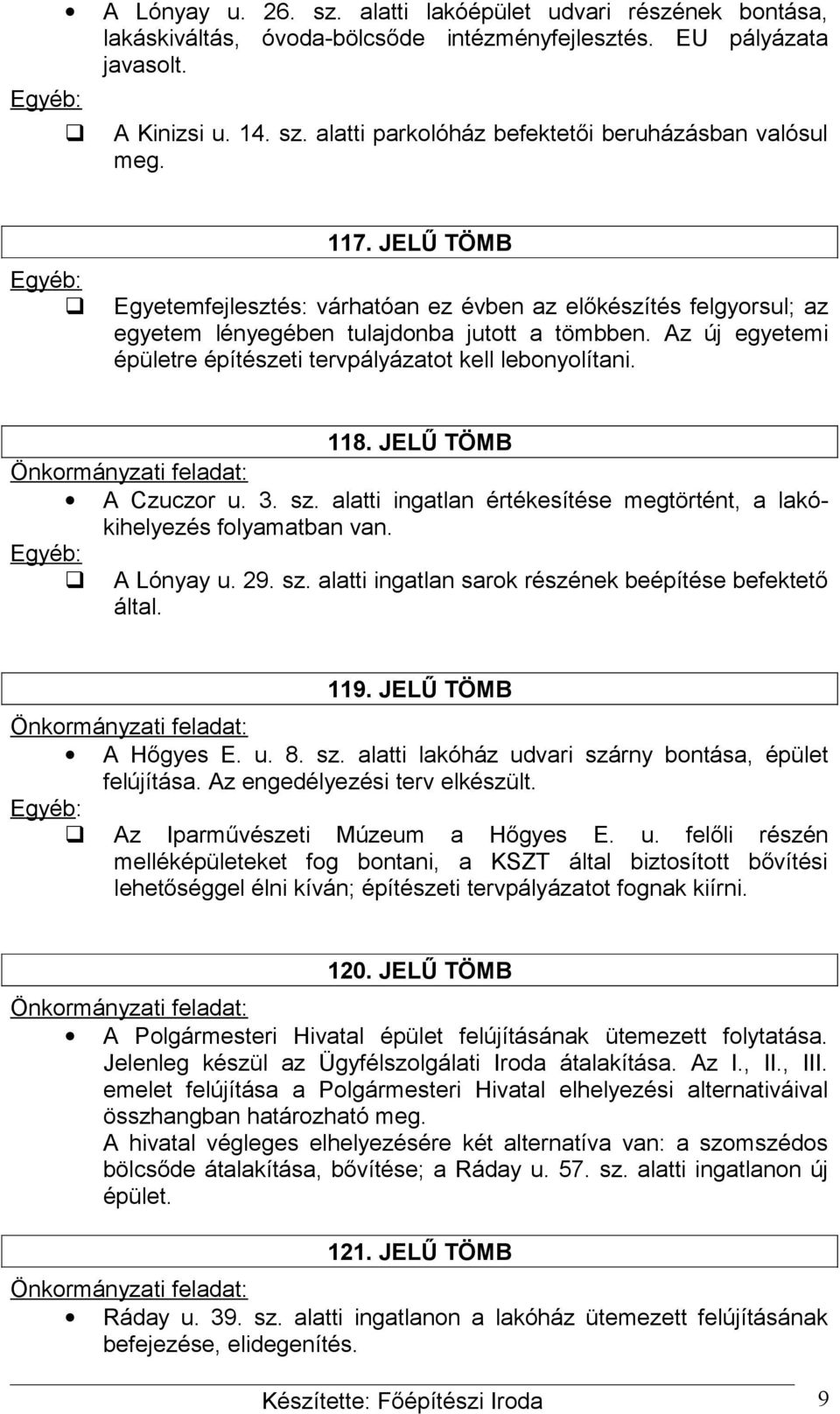 118. JELŰ TÖMB A Czuczor u. 3. sz. alatti ingatlan értékesítése megtörtént, a lakókihelyezés folyamatban van. A Lónyay u. 29. sz. alatti ingatlan sarok részének beépítése befektető által. 119.