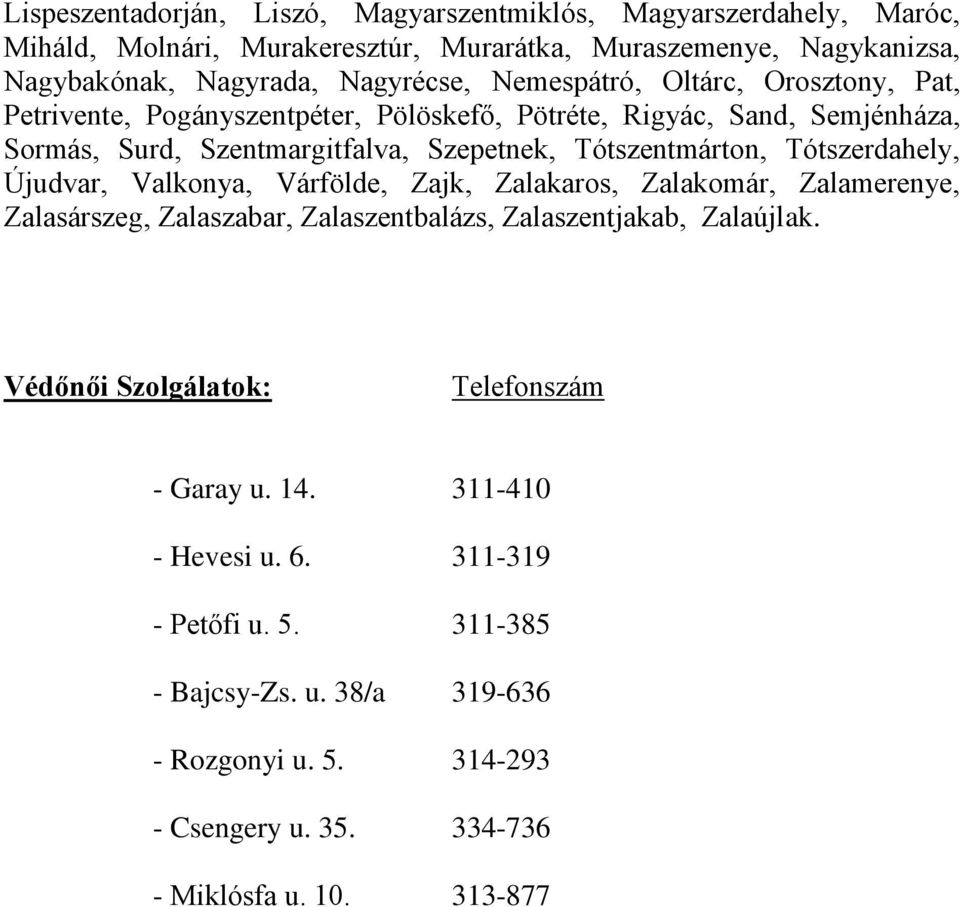 Tótszerdahely, Újudvar, Valkonya, Várfölde, Zajk, Zalakaros, Zalakomár, Zalamerenye, Zalasárszeg, Zalaszabar, Zalaszentbalázs, Zalaszentjakab, Zalaújlak.