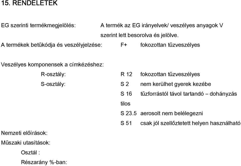 fokozottan tűzveszélyes S-osztály: S 2 nem kerülhet gyerek kezébe S 16 tűzforrástól távol tartandó dohányzás tilos S 23.