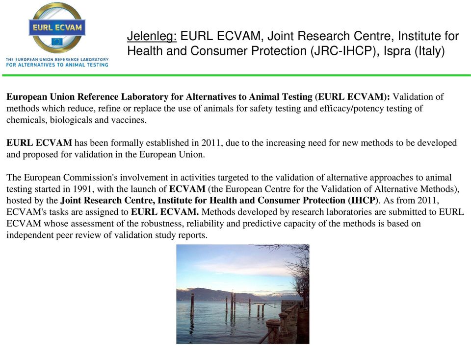 EURL ECVAM has been formally established in 2011, due to the increasing need for new methods to be developed and proposed for validation in the European Union.