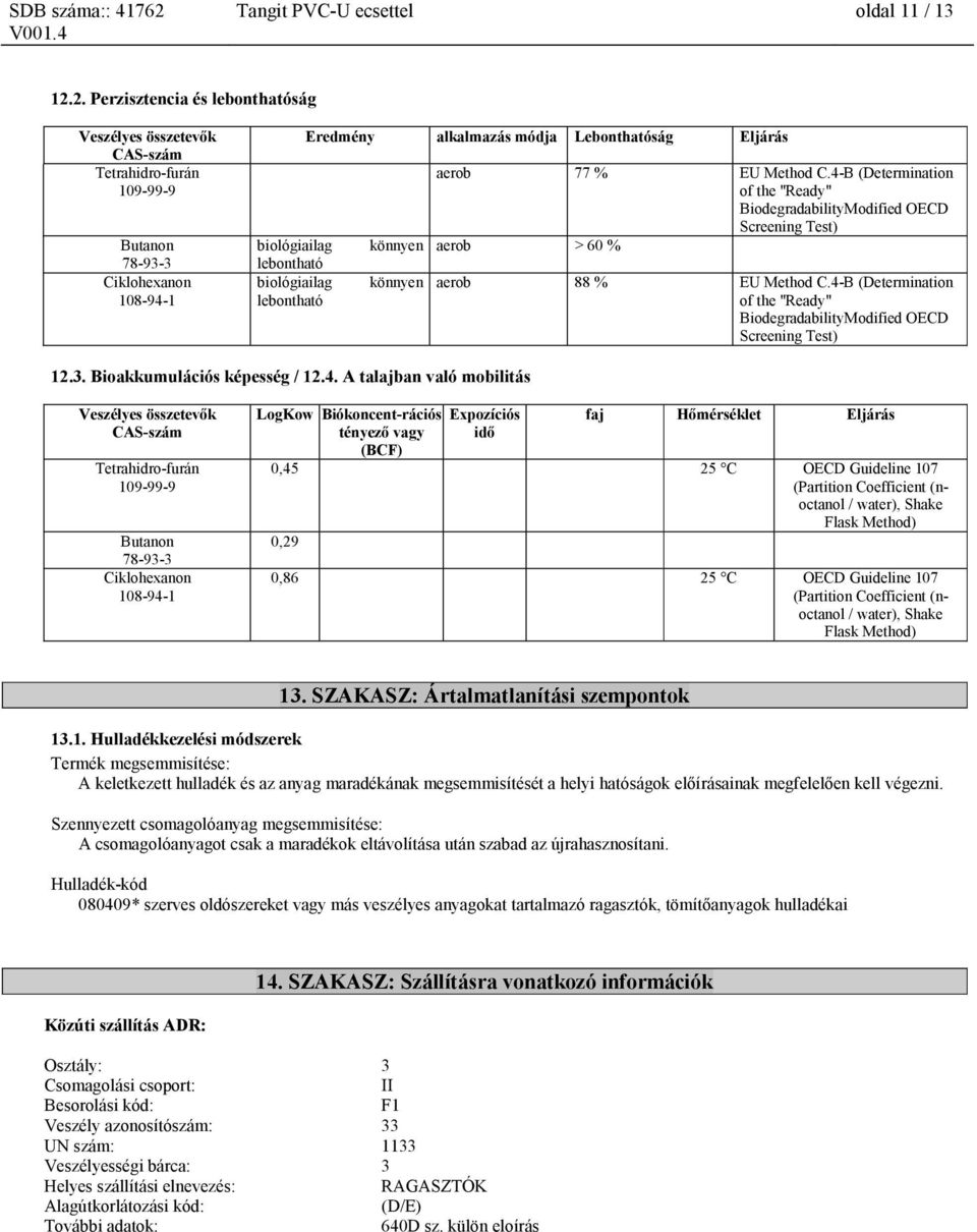 4-B (Determination of the "Ready" BiodegradabilityModified OECD Screening Test) aerob > 60 % aerob 88 % EU Method C.4-B (Determination of the "Ready" BiodegradabilityModified OECD Screening Test) 12.