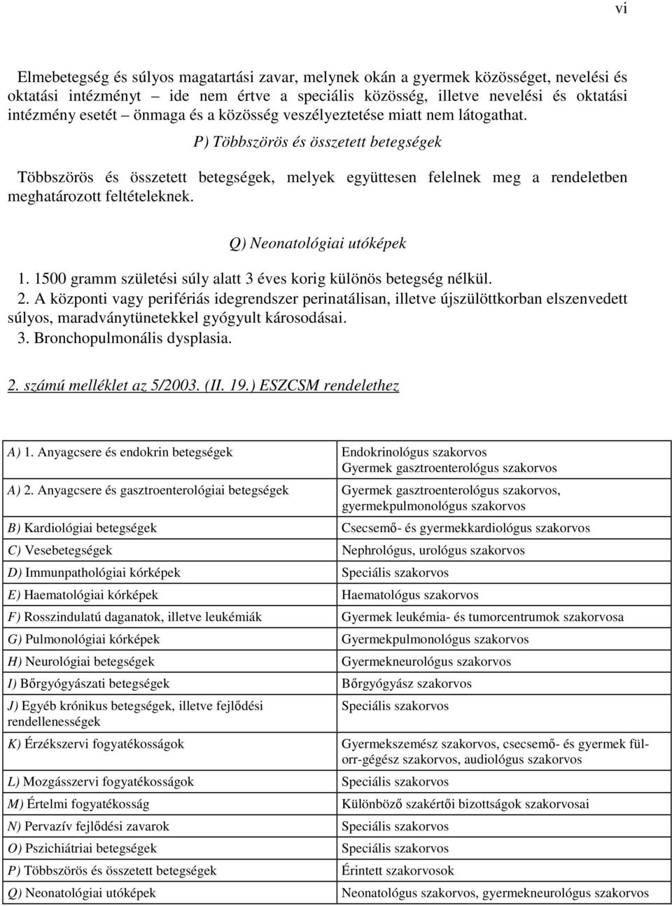 P) Többszörös és összetett betegségek Többszörös és összetett betegségek, melyek együttesen felelnek meg a rendeletben meghatározott feltételeknek. Q) Neonatológiai utóképek 1.