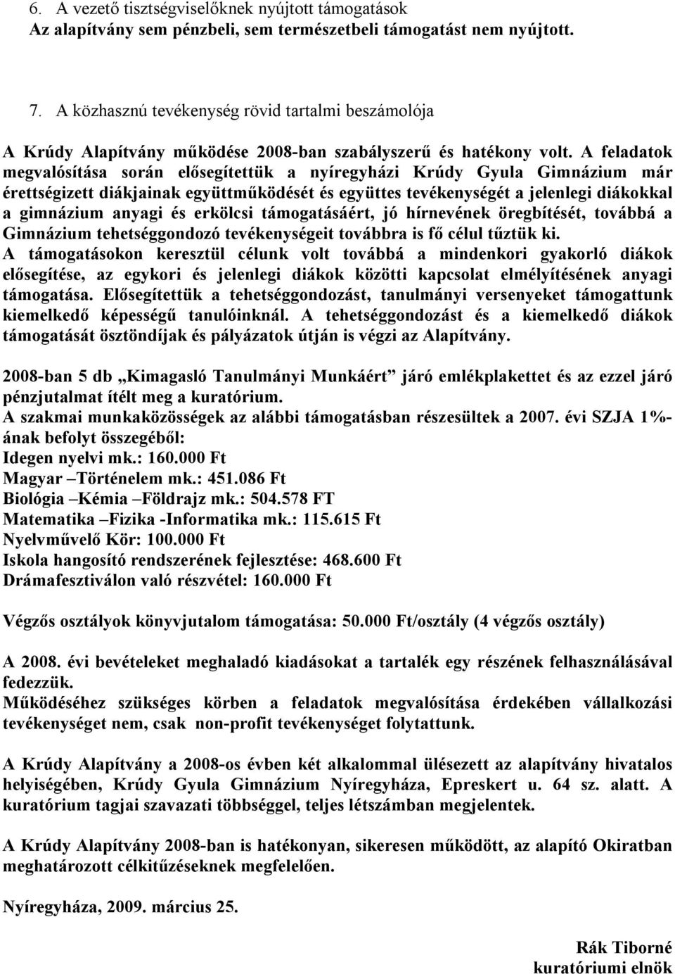 A feladatok megvalósítása során elősegítettük a nyíregyházi Krúdy Gyula Gimnázium már érettségizett diákjainak együttműködését és együttes tevékenységét a jelenlegi diákokkal a gimnázium anyagi és