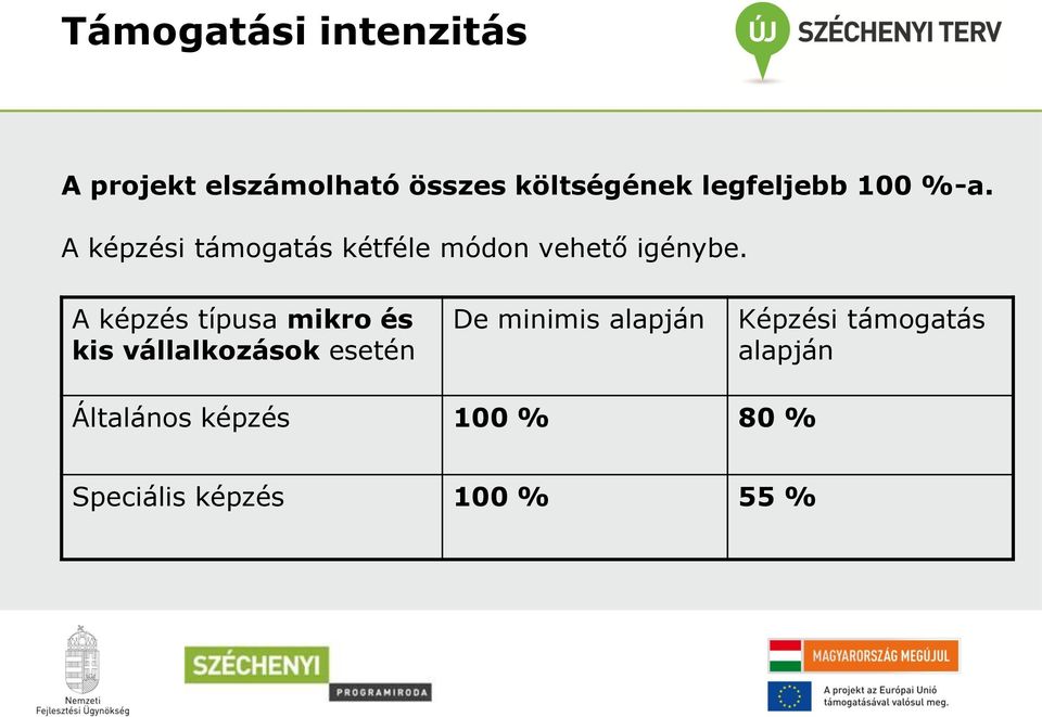 A képzés típusa mikro és kis vállalkozások esetén De minimis alapján