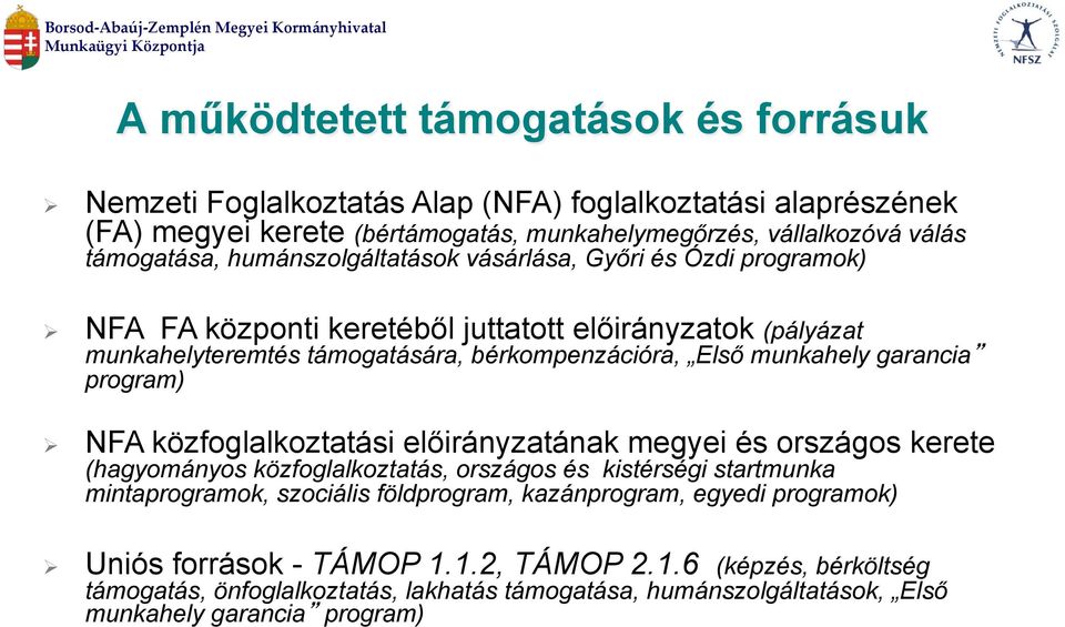 garancia program) NFA közfoglalkoztatási előirányzatának megyei és országos kerete (hagyományos közfoglalkoztatás, országos és kistérségi startmunka mintaprogramok, szociális földprogram,