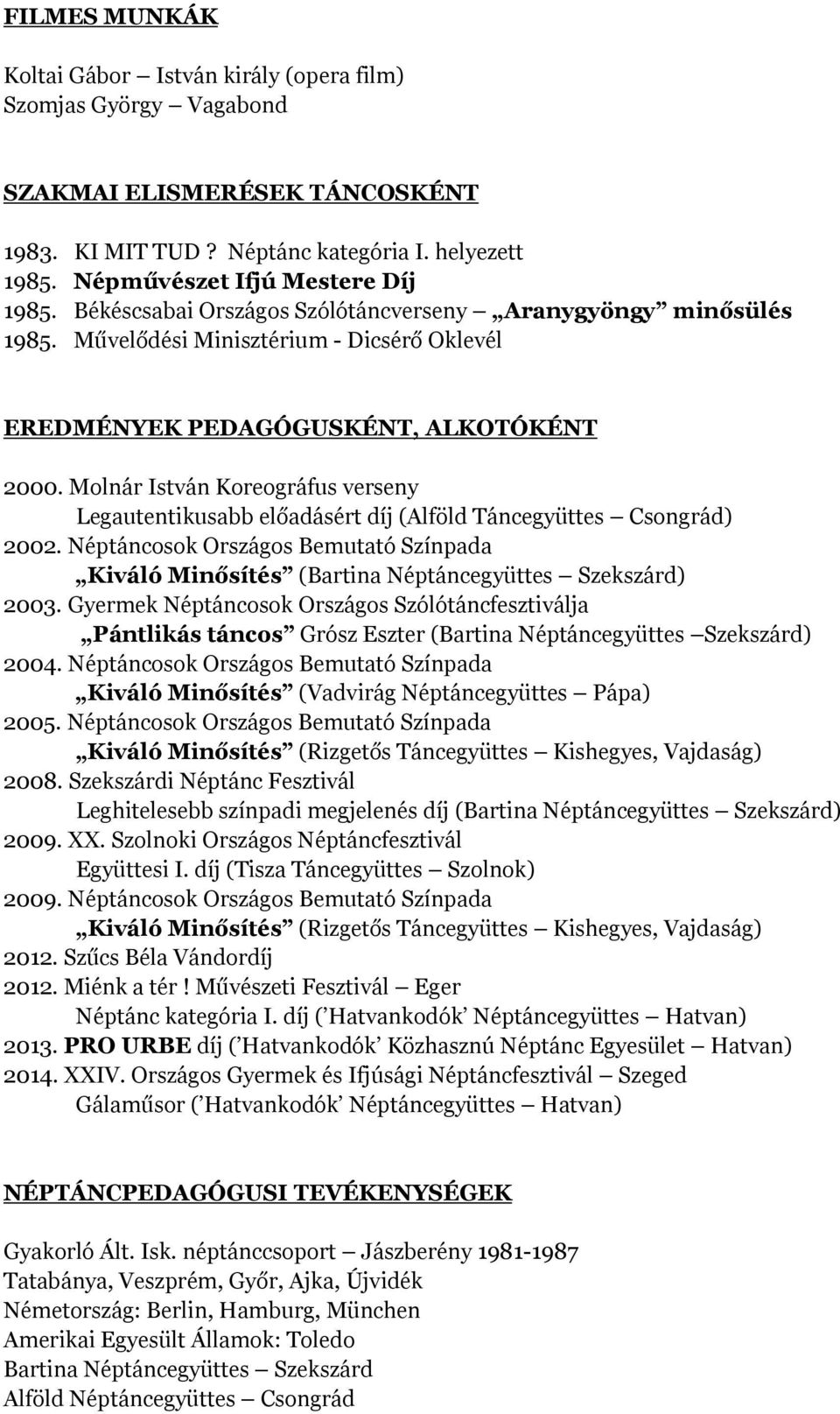 Molnár István Koreográfus verseny Legautentikusabb előadásért díj (Alföld Táncegyüttes Csongrád) 2002. Néptáncosok Országos Bemutató Színpada Kiváló Minősítés (Bartina Néptáncegyüttes Szekszárd) 2003.