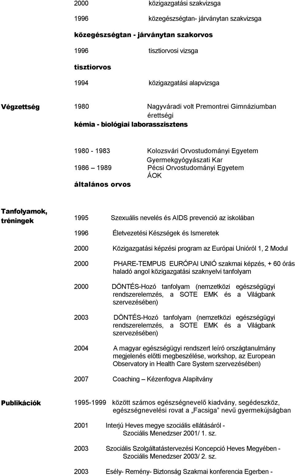 tréningek 1995 Szexuális nevelés és AIDS prevenció az iskolában 1996 Életvezetési Készségek és Ismeretek 2000 Közigazgatási képzési program az Európai Unióról 1, 2 Modul 2000 PHARE-TEMPUS EURÓPAI