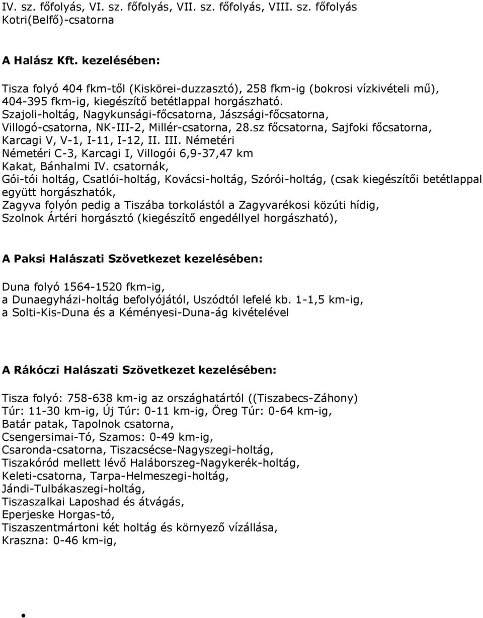 Szajoli-holtág, Nagykunsági-főcsatorna, Jászsági-főcsatorna, Villogó-csatorna, NK-III-2, Millér-csatorna, 28.sz főcsatorna, Sajfoki főcsatorna, Karcagi V, V-1, I-11, I-12, II. III.