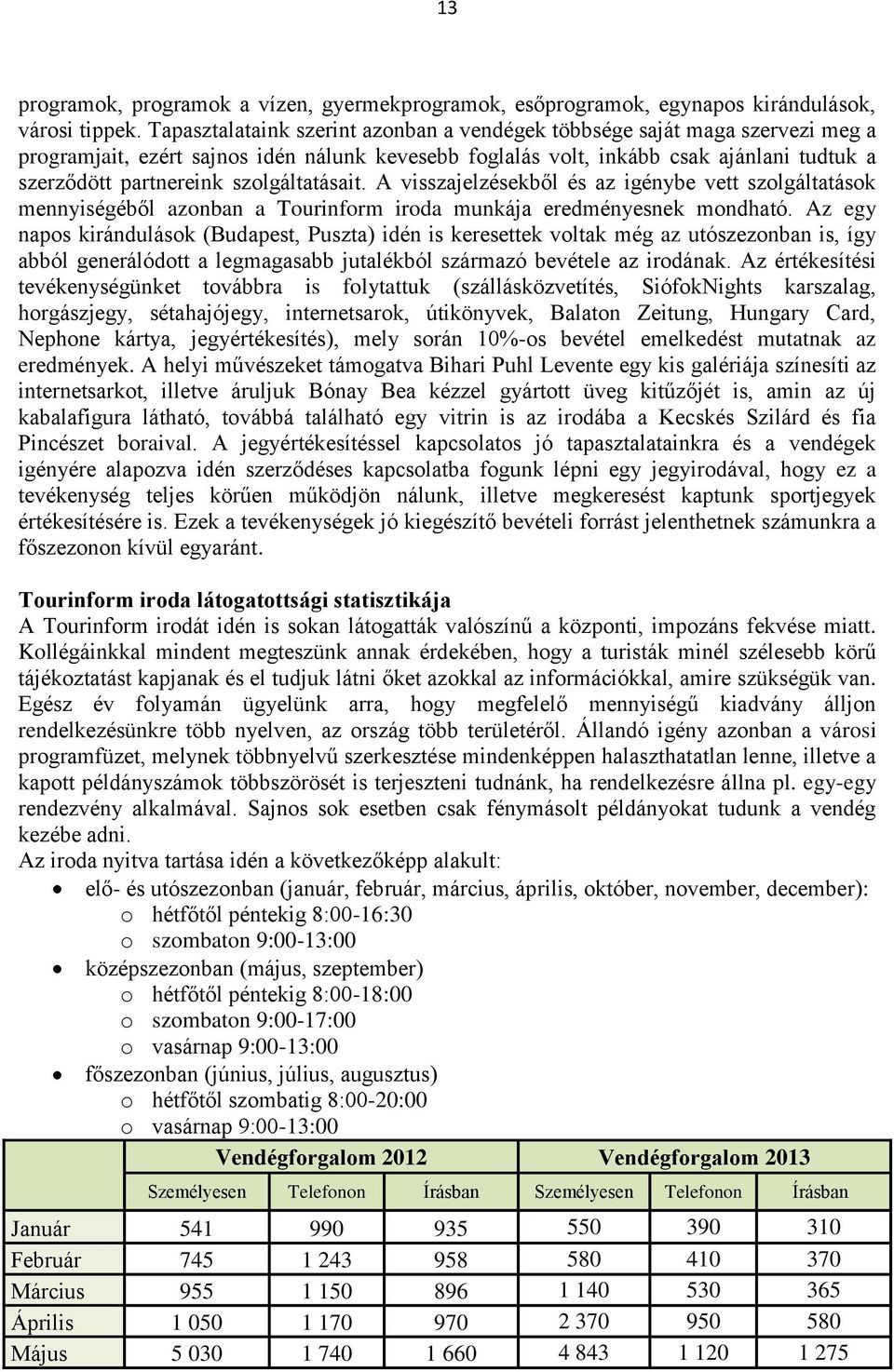 szolgáltatásait. A visszajelzésekből és az igénybe vett szolgáltatások mennyiségéből azonban a Tourinform iroda munkája eredményesnek mondható.