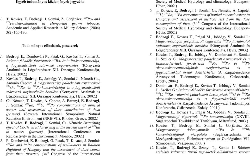 : Balaton felvidéki forrásvizek 226 Ra- és 222 Rn-koncentrációja, a fogyasztásukból származó sugárterhelés (Környezeti Ártalmak és Légzõrendszer XII. Országos Konferenciája, Hévíz, 2002.) 2. Kovács T.