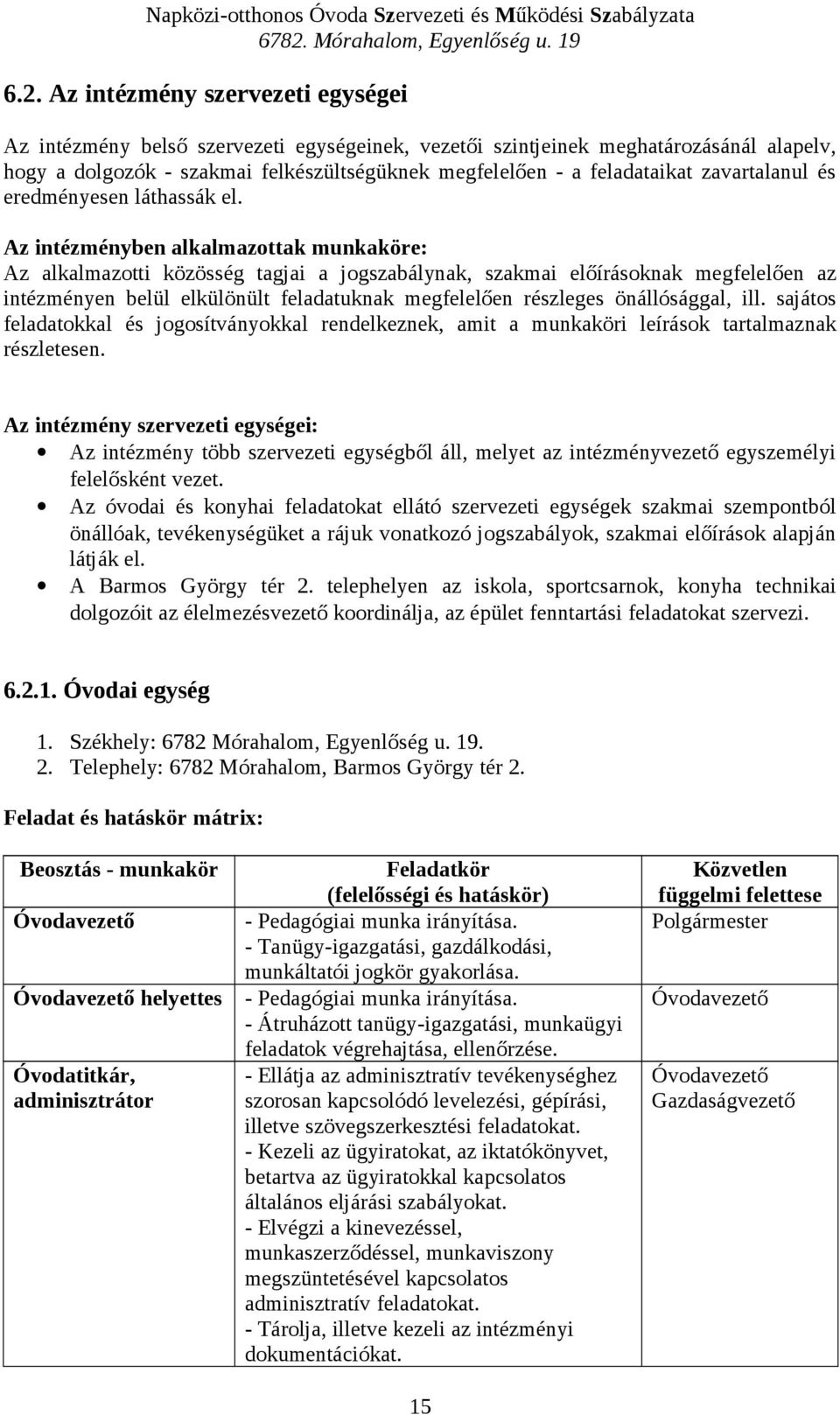 Az intézményben alkalmazottak munkaköre: Az alkalmazotti közösség tagjai a jogszabálynak, szakmai előírásoknak megfelelően az intézményen belül elkülönült feladatuknak megfelelően részleges