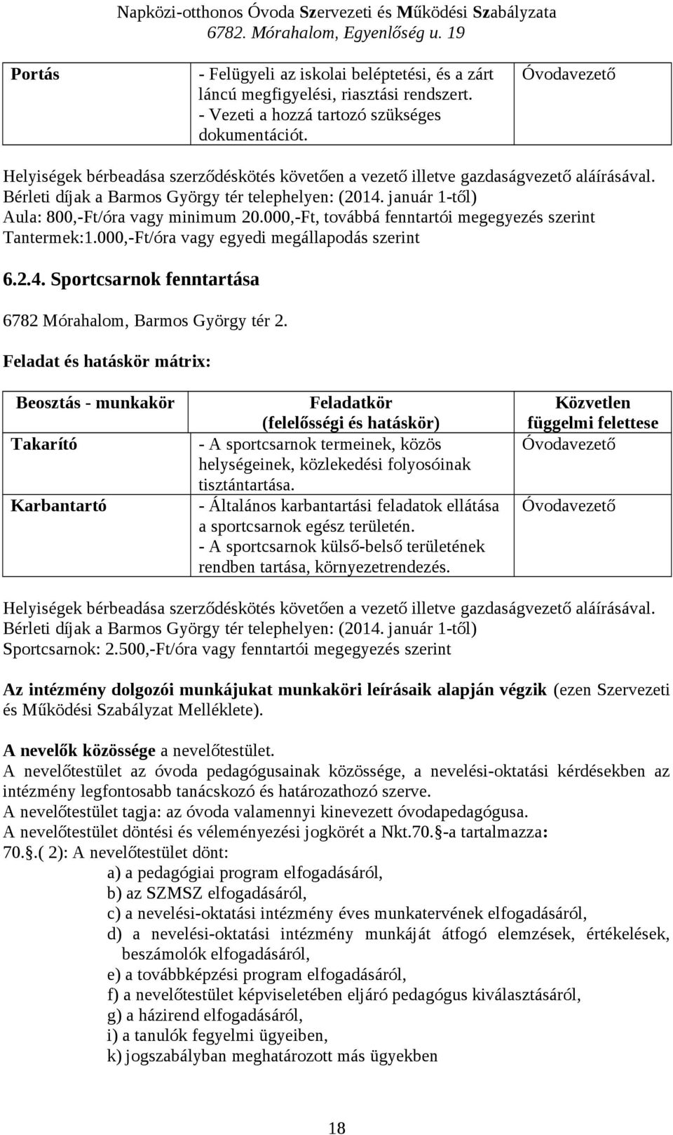 január 1-től) Aula: 800,-Ft/óra vagy minimum 20.000,-Ft, továbbá fenntartói megegyezés szerint Tantermek:1.000,-Ft/óra vagy egyedi megállapodás szerint 6.2.4.