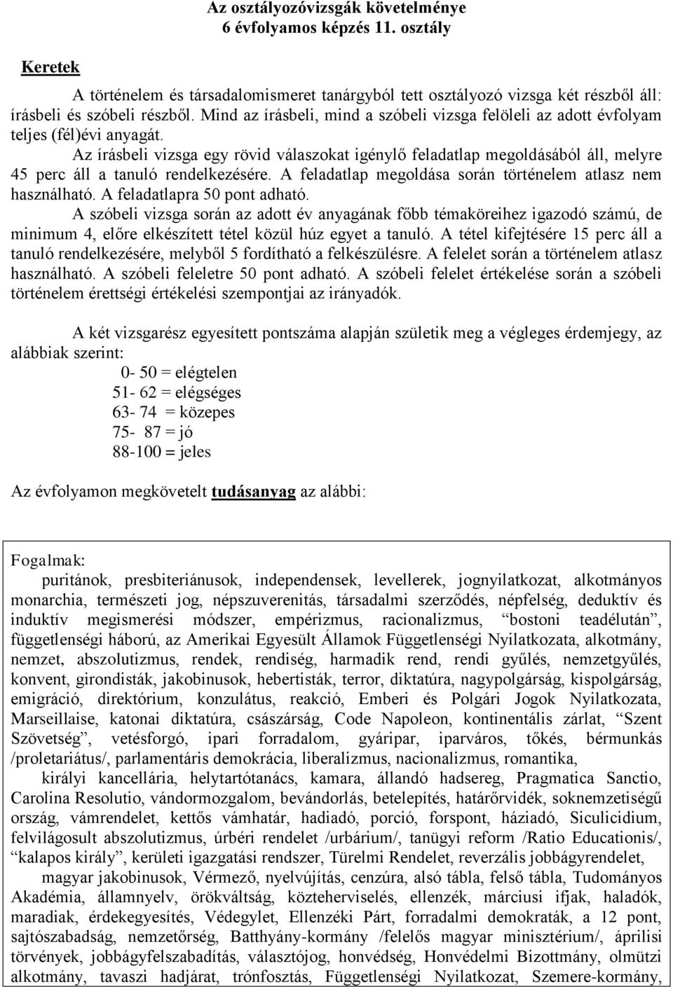 Az írásbeli vizsga egy rövid válaszokat igénylő feladatlap megoldásából áll, melyre 45 perc áll a tanuló rendelkezésére. A feladatlap megoldása során történelem atlasz nem használható.