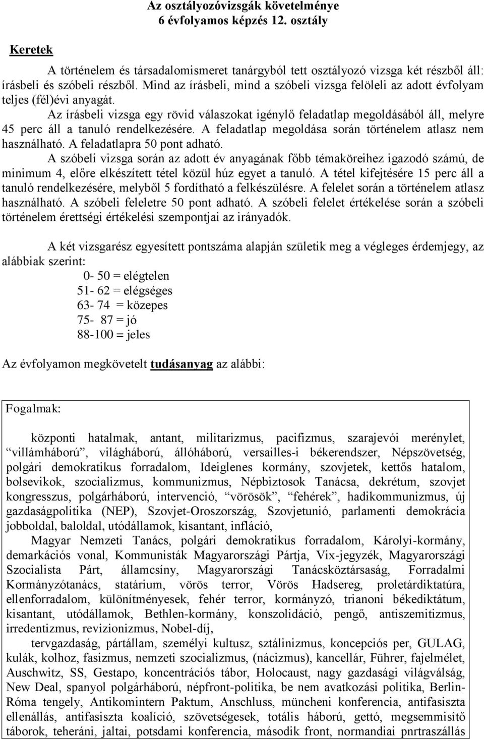 Az írásbeli vizsga egy rövid válaszokat igénylő feladatlap megoldásából áll, melyre 45 perc áll a tanuló rendelkezésére. A feladatlap megoldása során történelem atlasz nem használható.