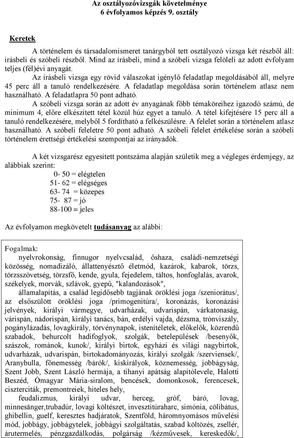 Az írásbeli vizsga egy rövid válaszokat igénylő feladatlap megoldásából áll, melyre 45 perc áll a tanuló rendelkezésére. A feladatlap megoldása során történelem atlasz nem használható.