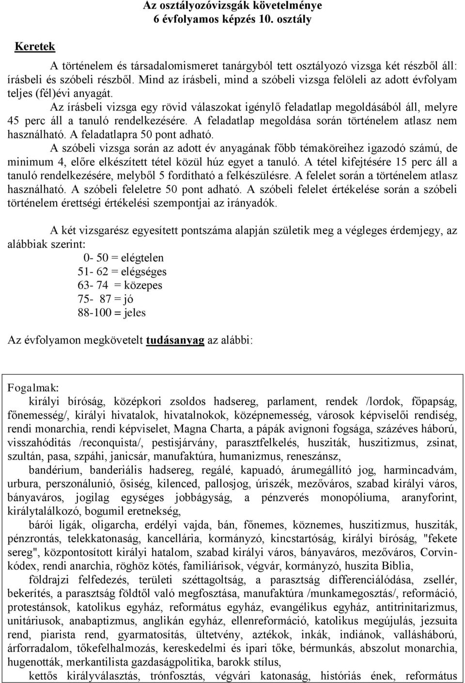 Az írásbeli vizsga egy rövid válaszokat igénylő feladatlap megoldásából áll, melyre 45 perc áll a tanuló rendelkezésére. A feladatlap megoldása során történelem atlasz nem használható.