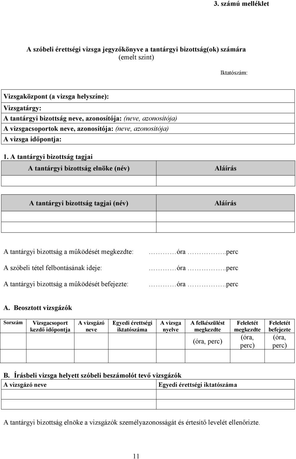 A tantárgyi bizottság tagjai A tantárgyi bizottság elnöke (név) Aláírás A tantárgyi bizottság tagjai (név) Aláírás A tantárgyi bizottság a mőködését megkezdte: A szóbeli tétel felbontásának ideje: A