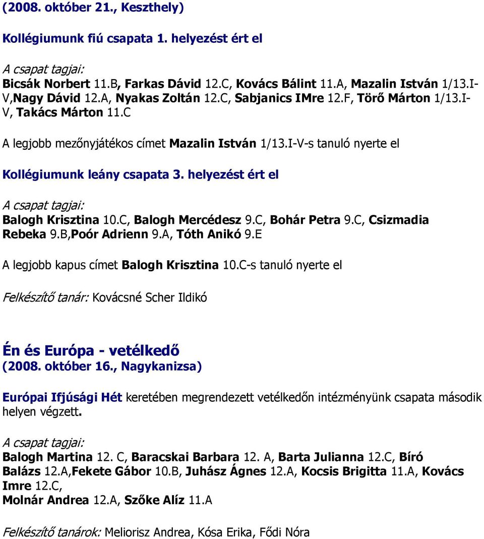 helyezést ért el Balogh Krisztina 10.C, Balogh Mercédesz 9.C, Bohár Petra 9.C, Csizmadia Rebeka 9.B,Poór Adrienn 9.A, Tóth Anikó 9.E A legjobb kapus címet Balogh Krisztina 10.