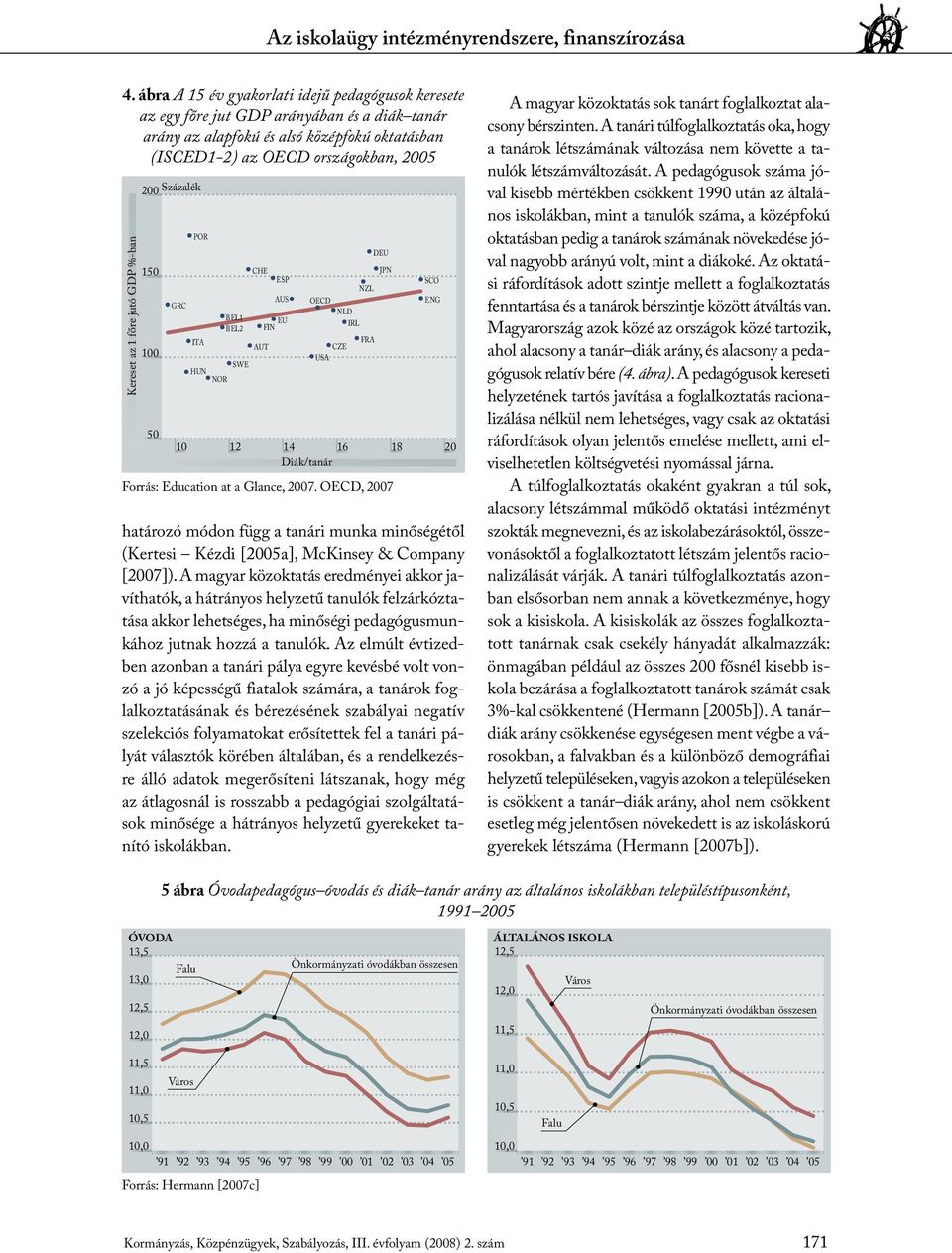 jutó GDP %-ban 200 Százalék 150 100 50 GRC POR ITA BEL1 BEL2 SWE HUN NOR CHE AUT AUS EU FIN NLD IRL CZE USA 10 12 14 16 18 20 Diák/tanár Forrás: Education at a Glance, 2007.