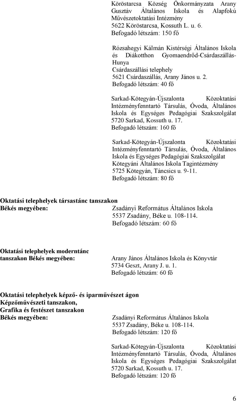 Befogadó létszám: 40 fő Sarkad-Kötegyán-Újszalonta Közoktatási Intézményfenntartó Társulás, Óvoda, Általános Iskola és Egységes Pedagógiai Szakszolgálat 5720 Sarkad, Kossuth u. 17.