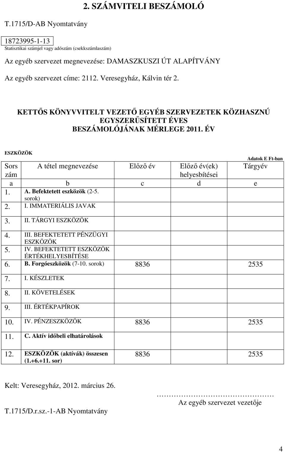 KETTŐS KÖNYVVITELT VEZETŐ EGYÉB SZERVEZETEK KÖZHASZNÚ EGYSZERŰSÍTETT ÉVES BESZÁMOLÓJÁNAK MÉRLEGE 2011.