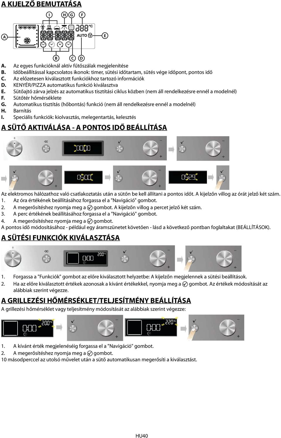 Sütőajtó zárva jelzés az automatikus tisztítási ciklus közben (nem áll rendelkezésre ennél a modelnél) F. Sütőtér hőmérséklete G.