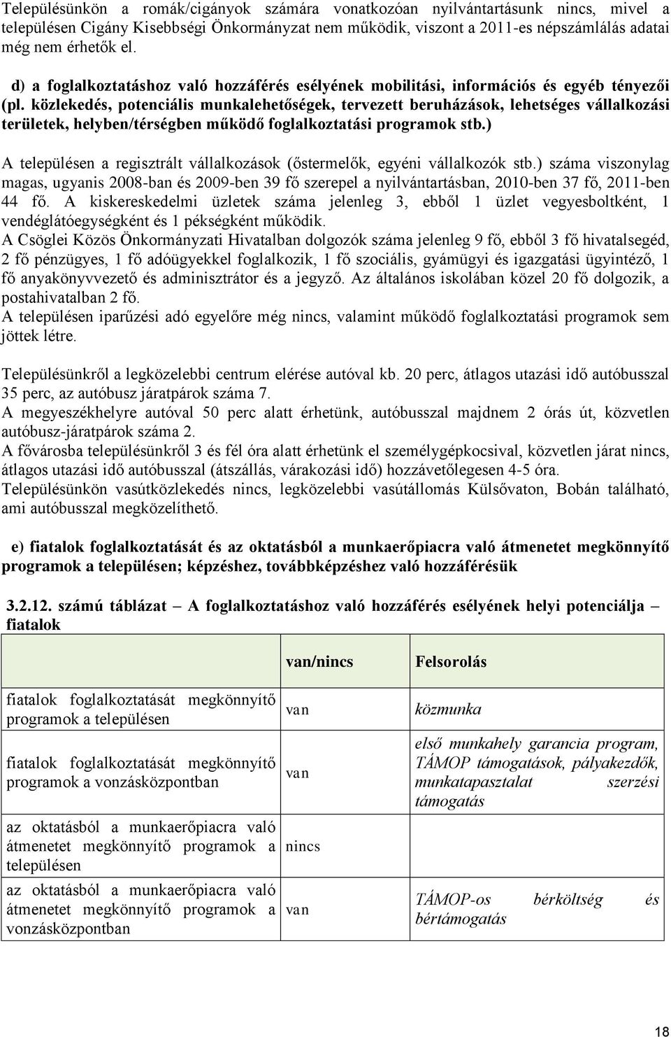 közlekedés, potenciális munkalehetőségek, tervezett beruházások, lehetséges vállalkozási területek, helyben/térségben működő foglalkoztatási programok stb.