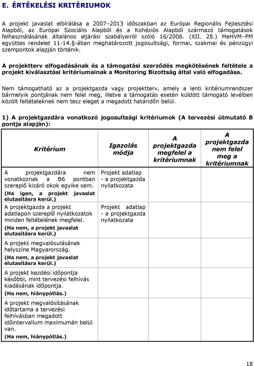 A projektterv elfogadásának és a támogatási szerződés megkötésének feltétele a projekt kiválasztási kritériumainak a Monitoring Bizottság által való elfogadása.