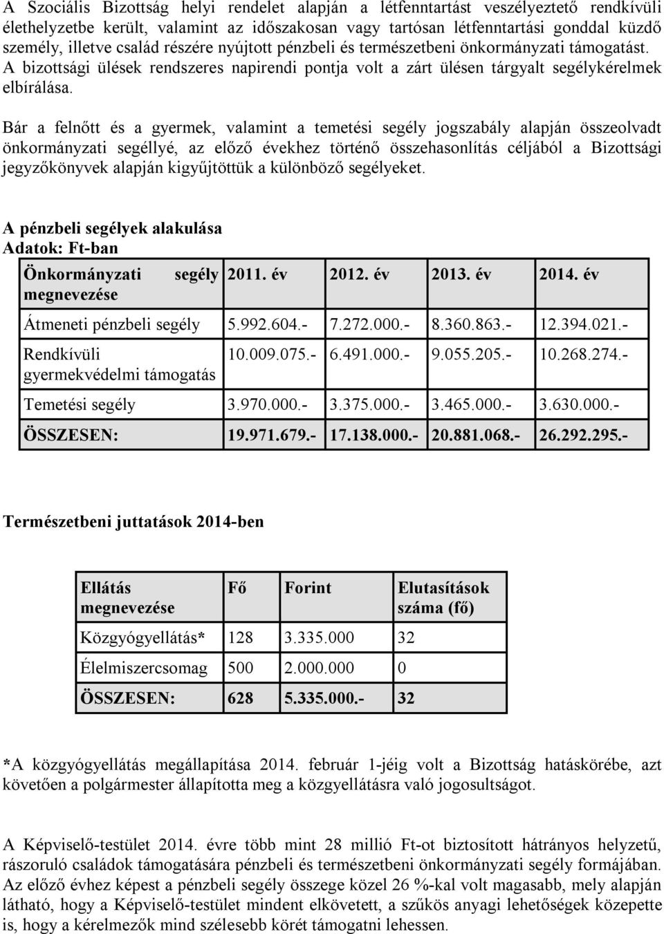 Bár a felnőtt és a gyermek, valamint a temetési segély jogszabály alapján összeolvadt önkormányzati segéllyé, az előző évekhez történő összehasonlítás céljából a Bizottsági jegyzőkönyvek alapján