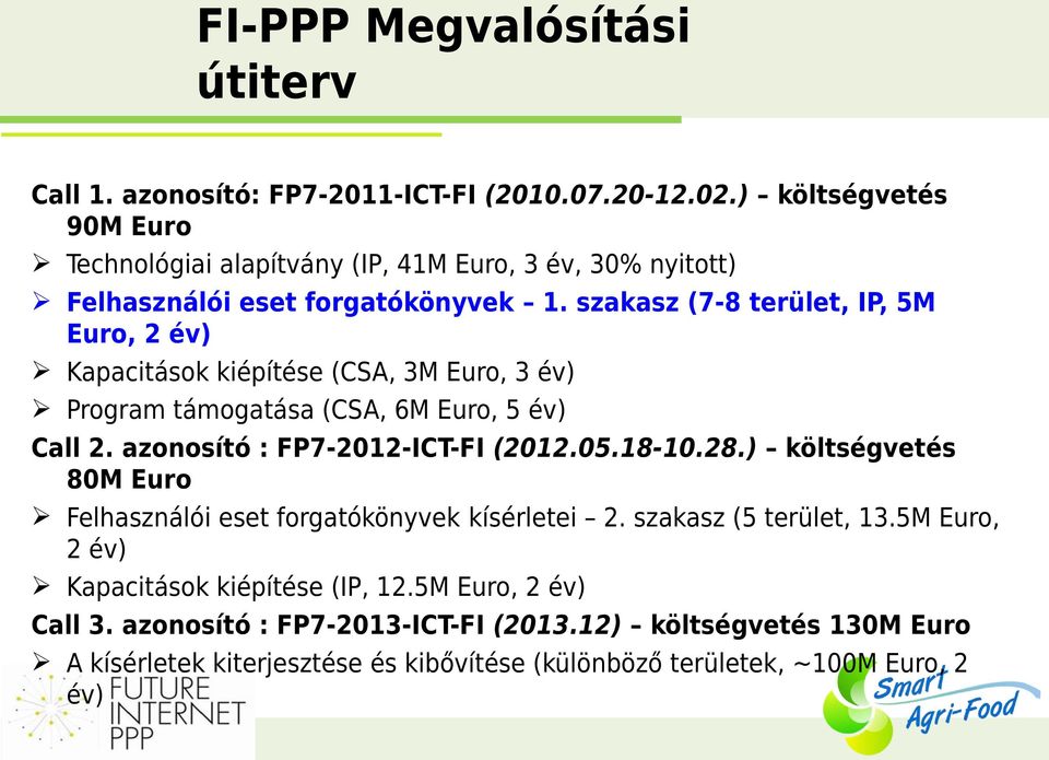 szakasz (7-8 terület, IP, 5M Euro, 2 év) Kapacitások kiépítése (CSA, 3M Euro, 3 év) Program támogatása (CSA, 6M Euro, 5 év) Call 2. azonosító : FP7-2012-ICT-FI (2012.05.