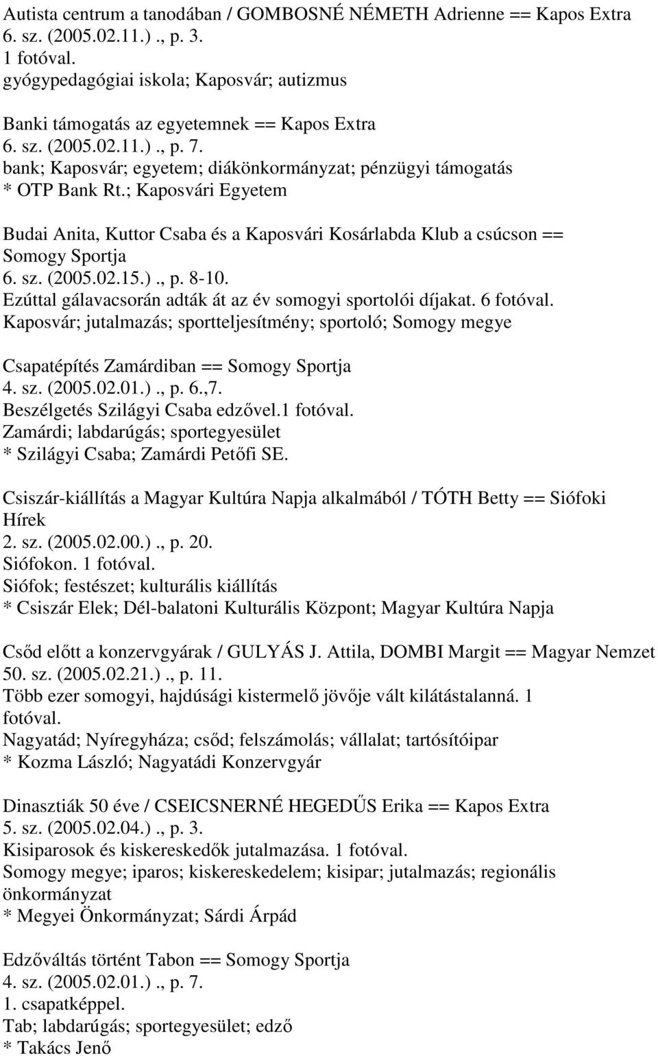 ; Kaposvári Egyetem Budai Anita, Kuttor Csaba és a Kaposvári Kosárlabda Klub a csúcson == Somogy Sportja 6. sz. (2005.02.15.)., p. 8-10. Ezúttal gálavacsorán adták át az év somogyi sportolói díjakat.