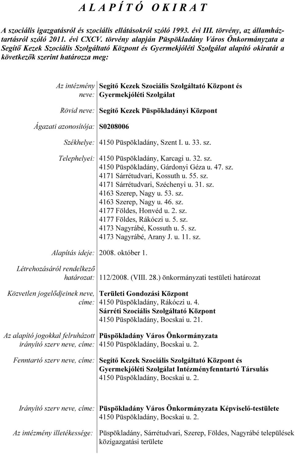 Kezek Szociális Szolgáltató Központ és Gyermekjóléti Szolgálat Rövid neve: Segítő Kezek Püspökladányi Központ Ágazati azonosítója: S0208006 Székhelye: 4150 Püspökladány, Szent I. u. 33. sz.