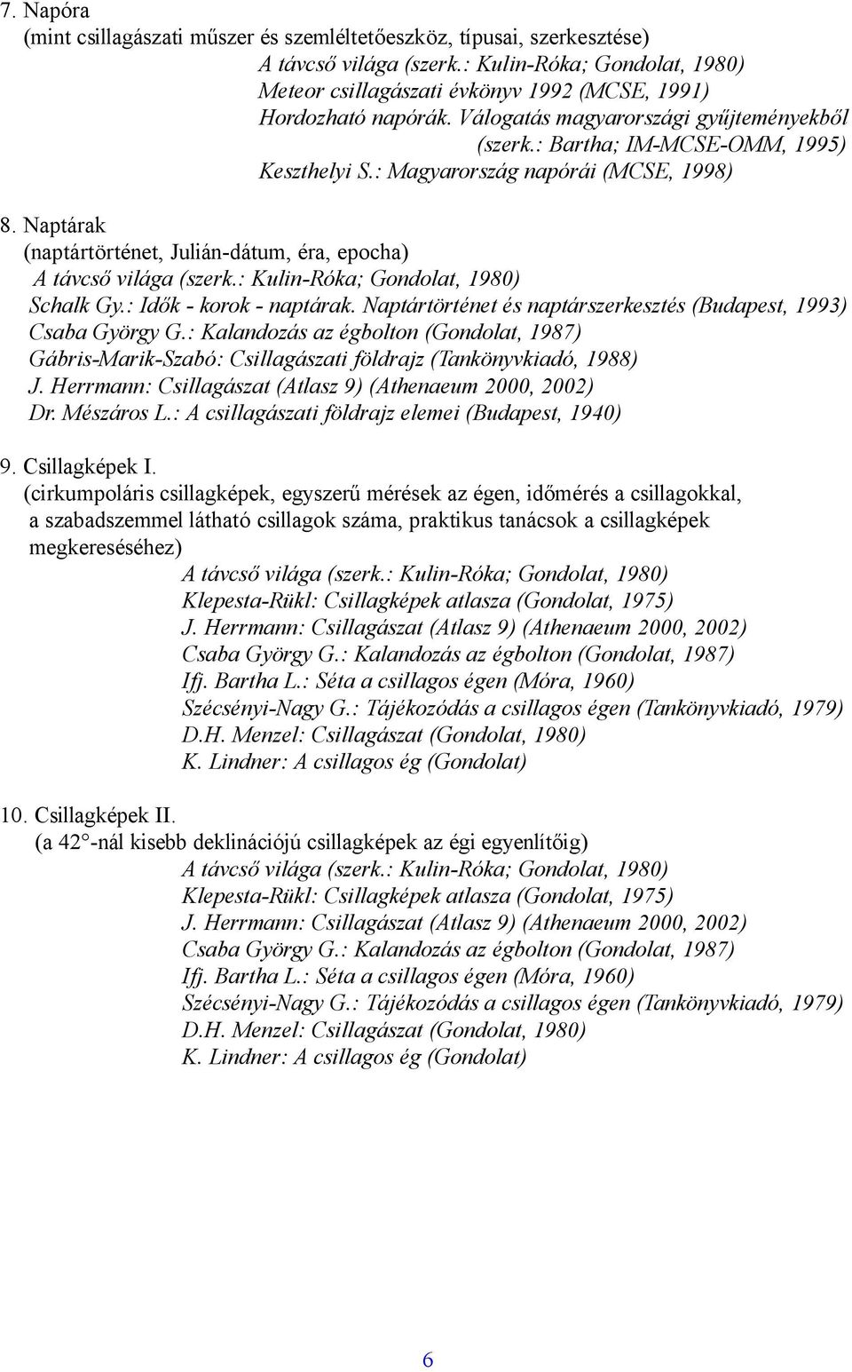 Naptártörténet és naptárszerkesztés (Budapest, 1993) Csaba György G.: Kalandozás az égbolton (Gondolat, 1987) Gábris-Marik-Szabó: Csillagászati földrajz (Tankönyvkiadó, 1988) Dr. Mészáros L.