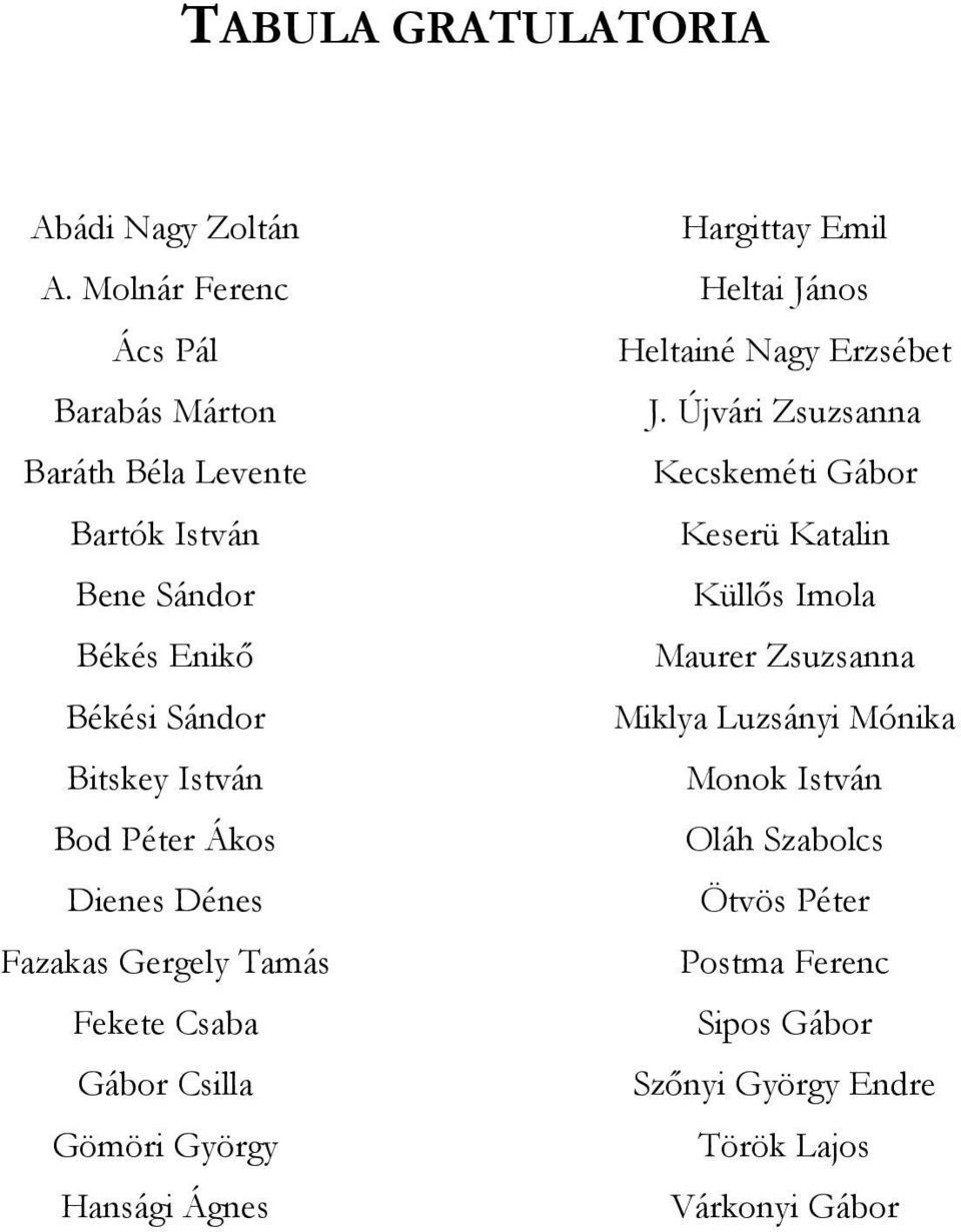 Ákos Dienes Dénes Fazakas Gergely Tamás Fekete Csaba Gábor Csilla Gömöri György Hansági Ágnes Hargittay Emil Heltai János Heltainé