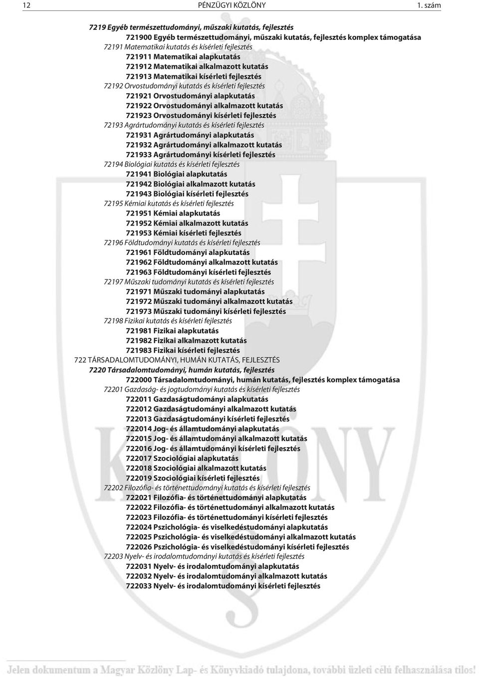 721911 Matematikai alapkutatás 721912 Matematikai alkalmazott kutatás 721913 Matematikai kísérleti fejlesztés 72192 Orvostudományi kutatás és kísérleti fejlesztés 721921 Orvostudományi alapkutatás