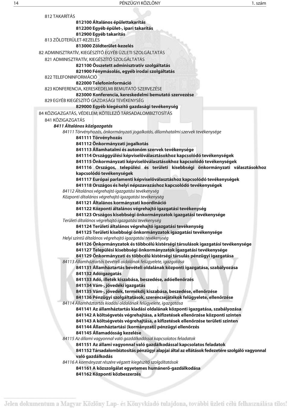 ÜZLETI SZOLGÁLTATÁS 821 ADMINISZTRATÍV, KIEGÉSZÍTÕ SZOLGÁLTATÁS 821100 Összetett adminisztratív szolgáltatás 821900 Fénymásolás, egyéb irodai szolgáltatás 822 TELEFONINFORMÁCIÓ 822000