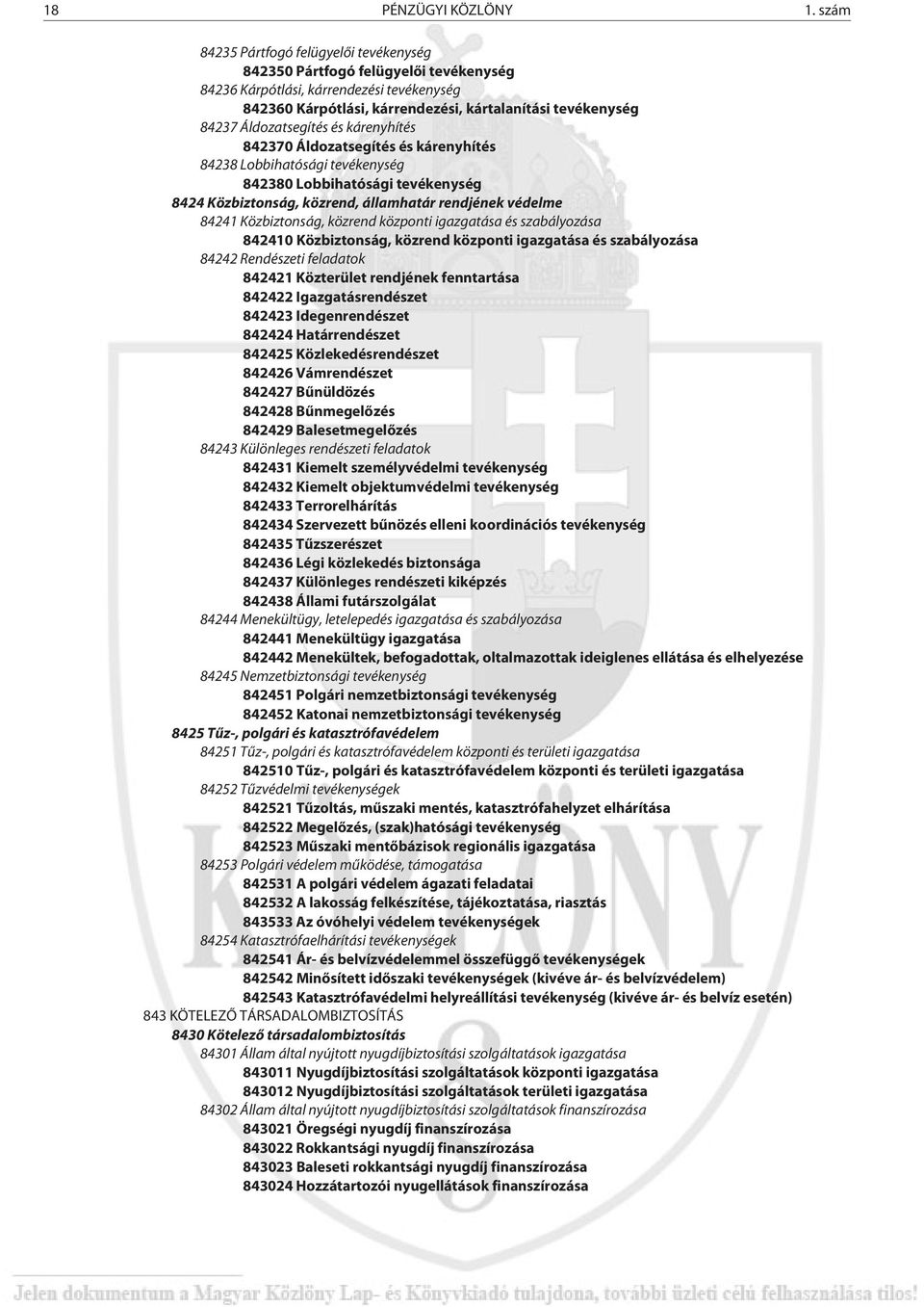 Áldozatsegítés és kárenyhítés 842370 Áldozatsegítés és kárenyhítés 84238 Lobbihatósági tevékenység 842380 Lobbihatósági tevékenység 8424 Közbiztonság, közrend, államhatár rendjének védelme 84241