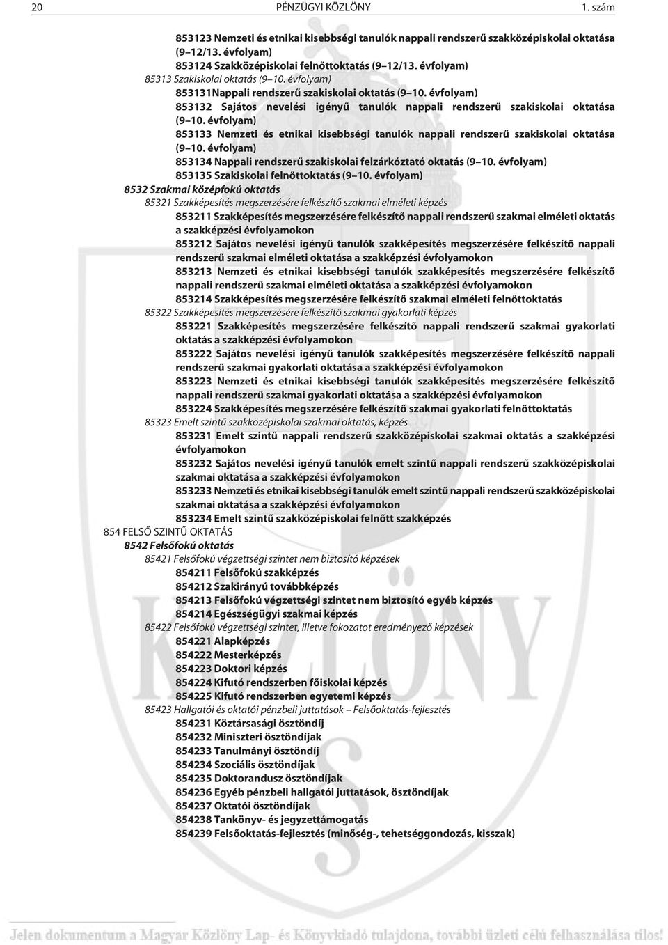 évfolyam) 853133 Nemzeti és etnikai kisebbségi tanulók nappali rendszerû szakiskolai oktatása (9 10. évfolyam) 853134 Nappali rendszerû szakiskolai felzárkóztató oktatás (9 10.