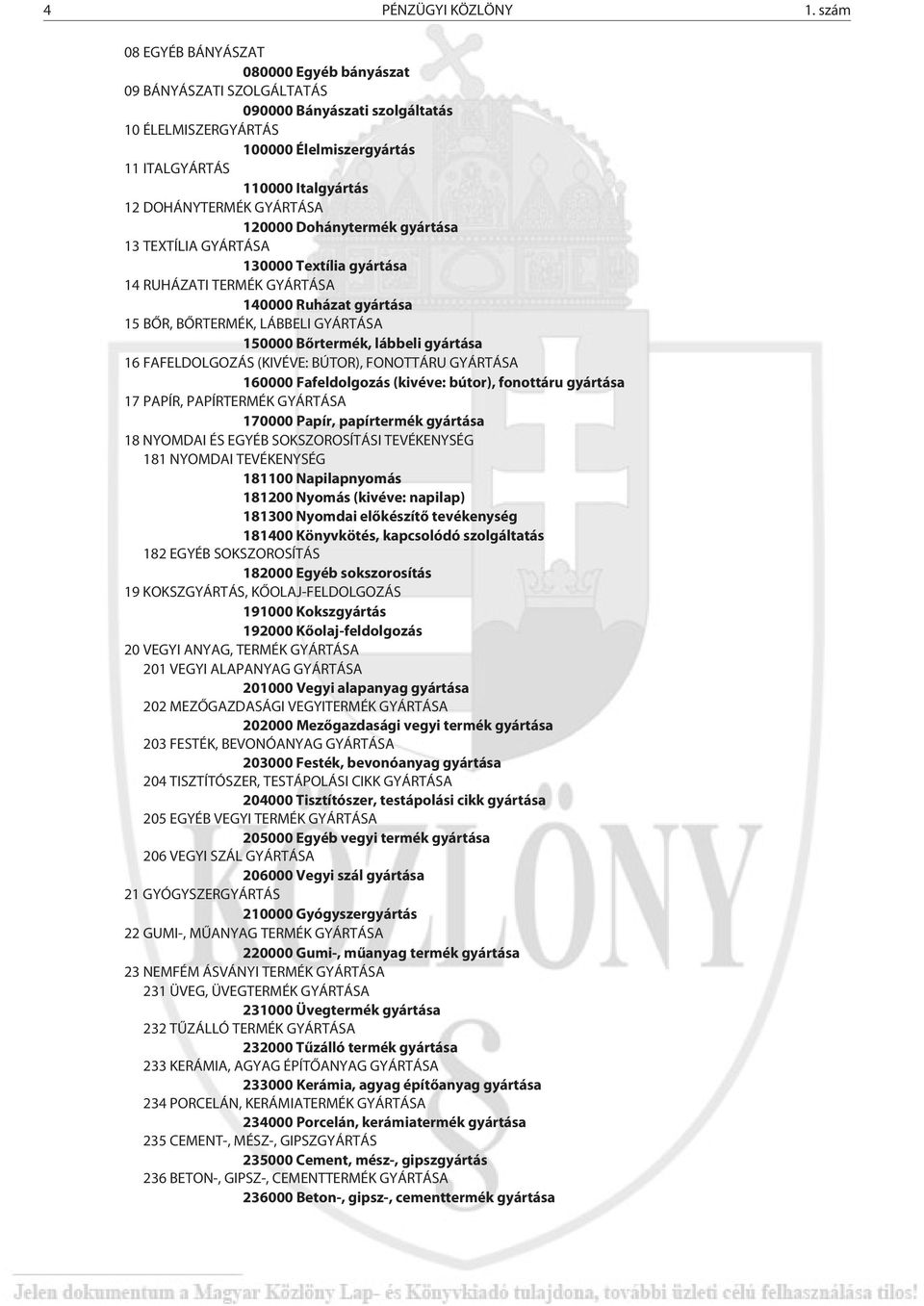 DOHÁNYTERMÉK GYÁRTÁSA 120000 Dohánytermék gyártása 13 TEXTÍLIA GYÁRTÁSA 130000 Textília gyártása 14 RUHÁZATI TERMÉK GYÁRTÁSA 140000 Ruházat gyártása 15 BÕR, BÕRTERMÉK, LÁBBELI GYÁRTÁSA 150000