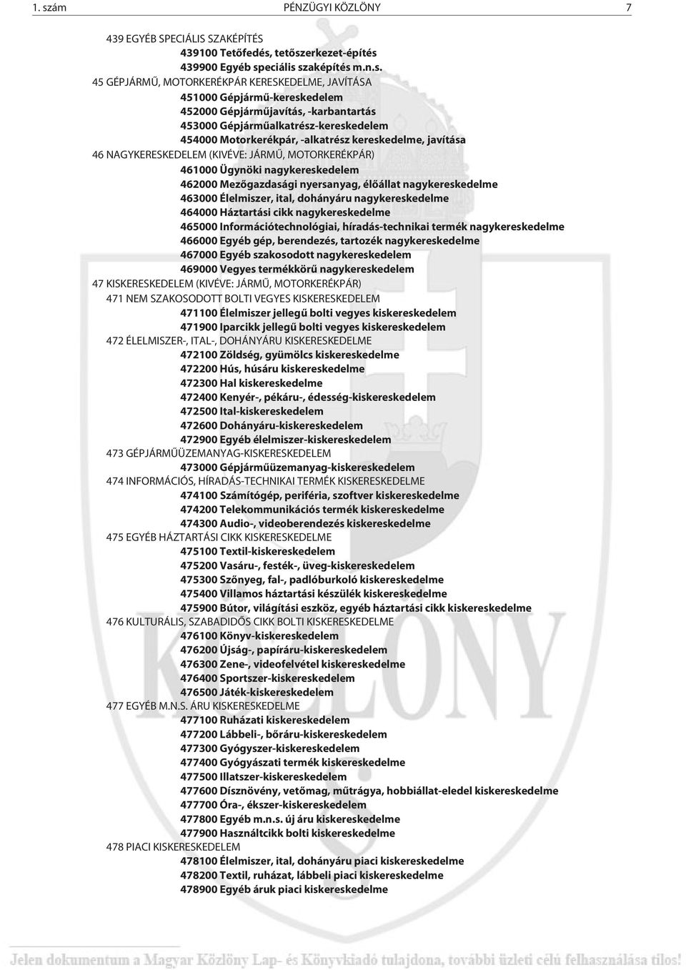 MOTORKERÉKPÁR) 461000 Ügynöki nagykereskedelem 462000 Mezõgazdasági nyersanyag, élõállat nagykereskedelme 463000 Élelmiszer, ital, dohányáru nagykereskedelme 464000 Háztartási cikk nagykereskedelme