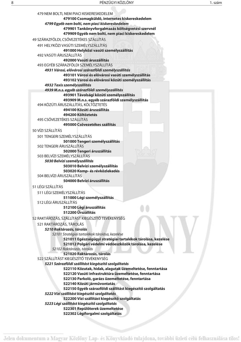 Egyéb nem bolti, nem piaci kiskereskedelem 49 SZÁRAZFÖLDI, CSÕVEZETÉKES SZÁLLÍTÁS 491 HELYKÖZI VASÚTI SZEMÉLYSZÁLLÍTÁS 491000 Helyközi vasúti személyszállítás 492 VASÚTI ÁRUSZÁLLÍTÁS 492000 Vasúti