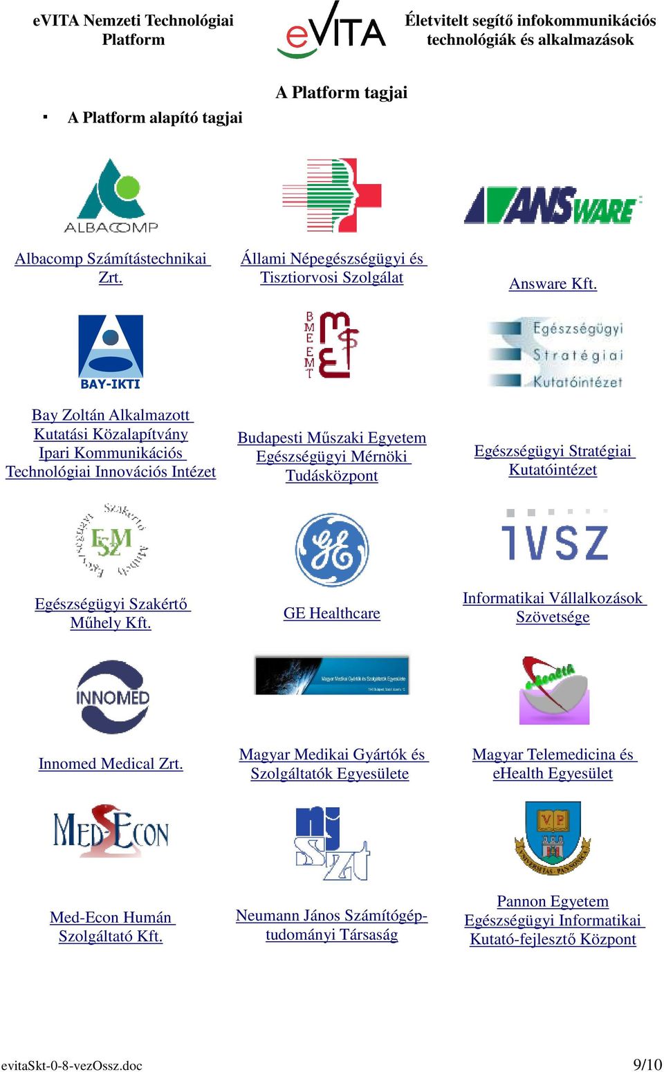 Stratégiai Kutatóintézet Egészségügyi Szakértő Műhely Kft. GE Healthcare Informatikai Vállalkozások Szövetsége Innomed Medical Zrt.
