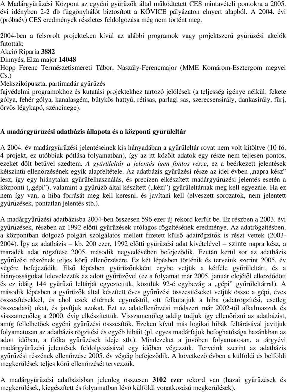 2004-ben a felsorolt projekteken kívül az alábbi programok vagy projektszerű gyűrűzési akciók futottak: Akció Riparia 3882 Dinnyés, Elza major 14048 Hopp Ferenc Természetismereti Tábor,