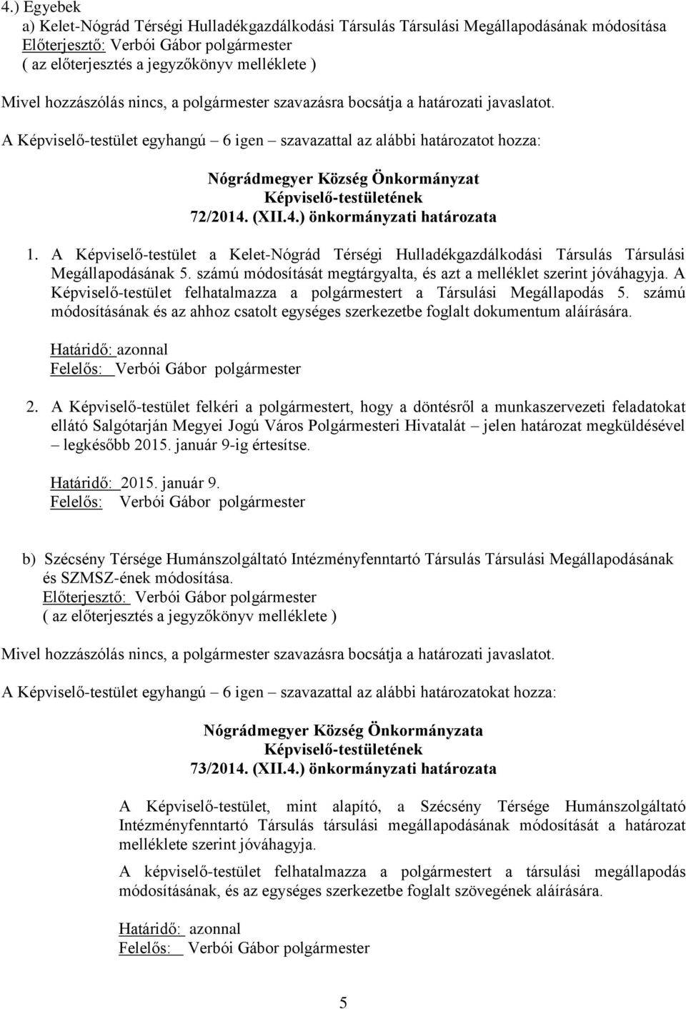 A Képviselő-testület a Kelet-Nógrád Térségi Hulladékgazdálkodási Társulás Társulási Megállapodásának 5. számú módosítását megtárgyalta, és azt a melléklet szerint jóváhagyja.