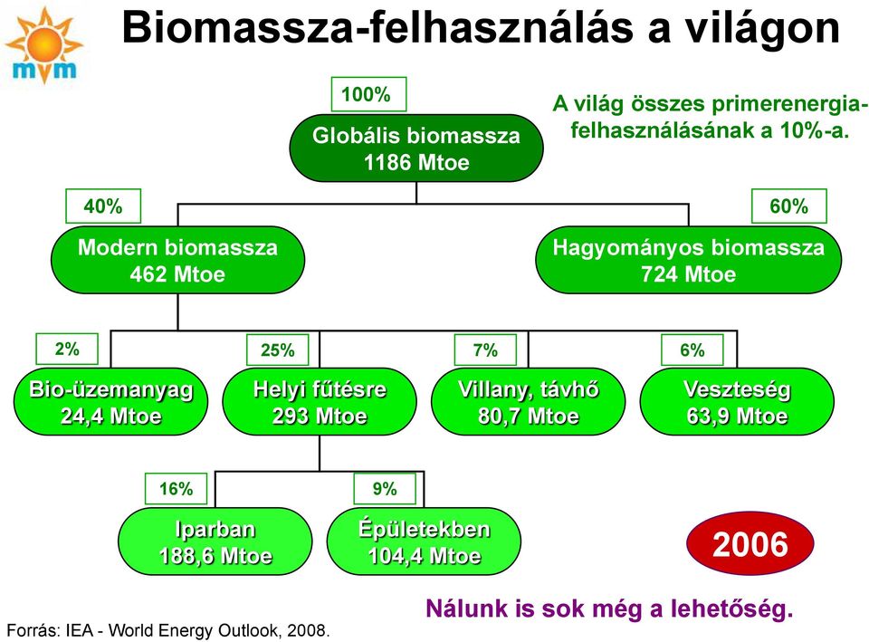 40% Modern biomassza 462 Mtoe 60% Hagyományos biomassza 724 Mtoe 2% 25% 7% 6% Bio-üzemanyag 24,4 Mtoe