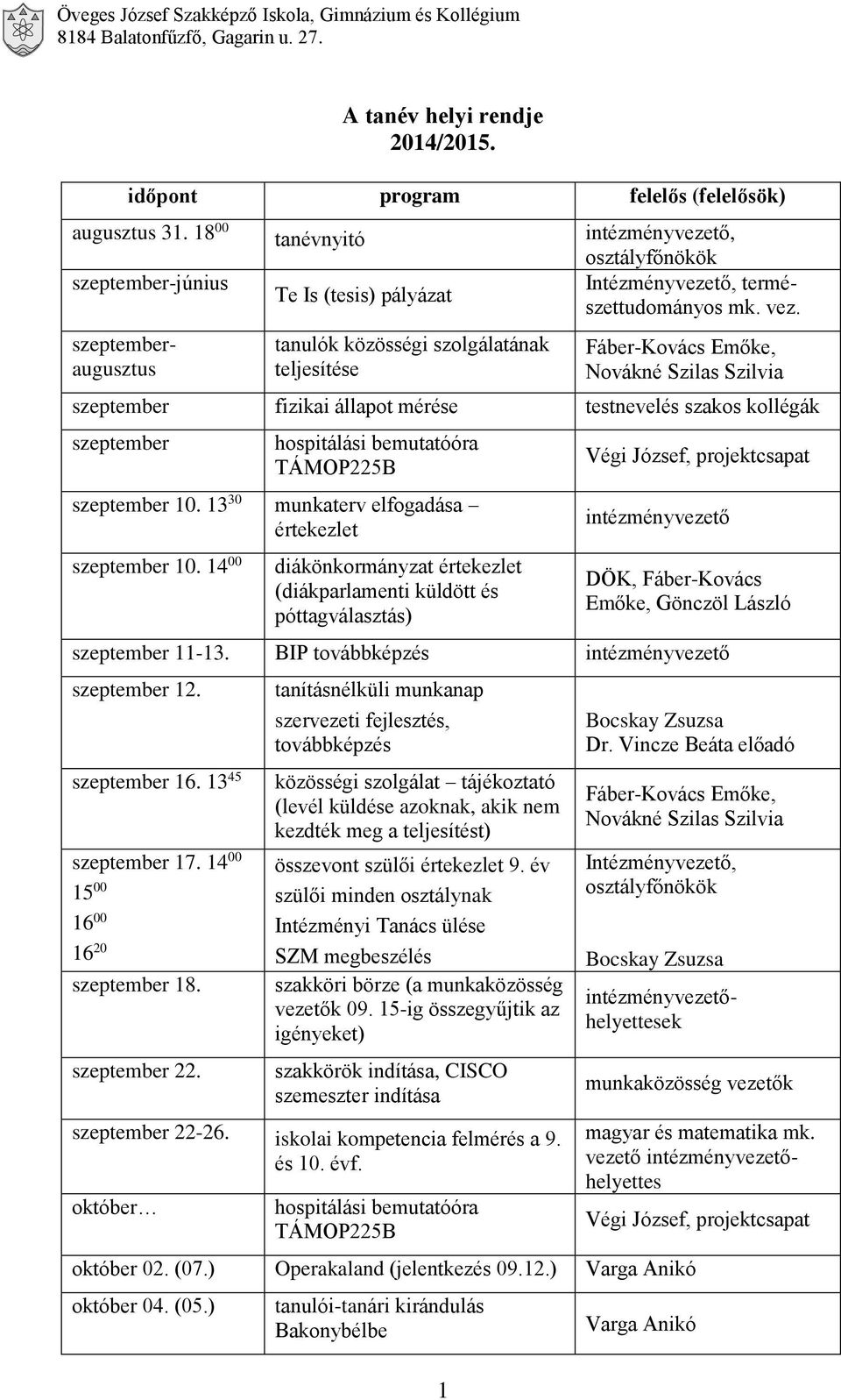 tanulók közösségi szolgálatának teljesítése 1 Fáber-Kovács Emőke, Novákné Szilas Szilvia szeptember fizikai állapot mérése testnevelés szakos kollégák szeptember szeptember 10.