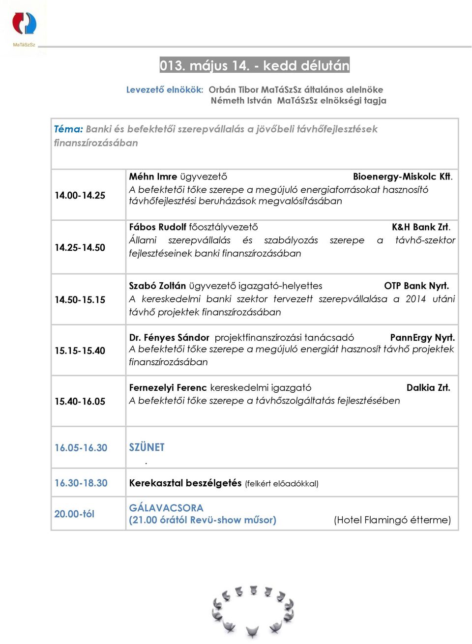 14.00-14.25 14.25-14.50 Méhn Imre ügyvezető Bioenergy-Miskolc Kft.