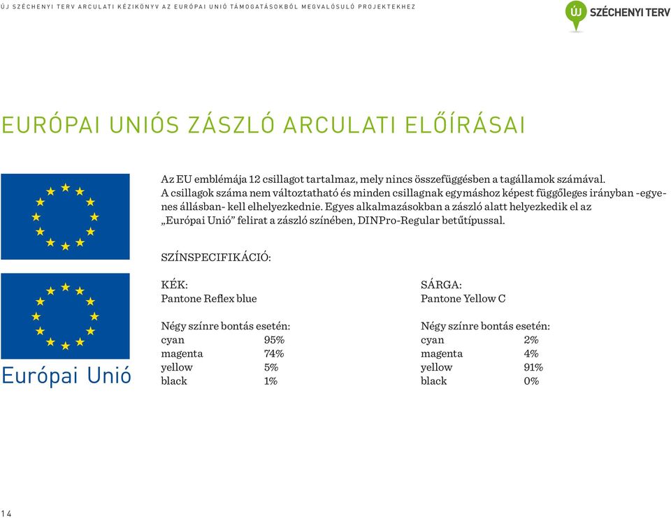 Egyes alkalmazásokban a zászló alatt helyezkedik el az Európai Unió felirat a zászló színében, DINPro-Regular betűtípussal.