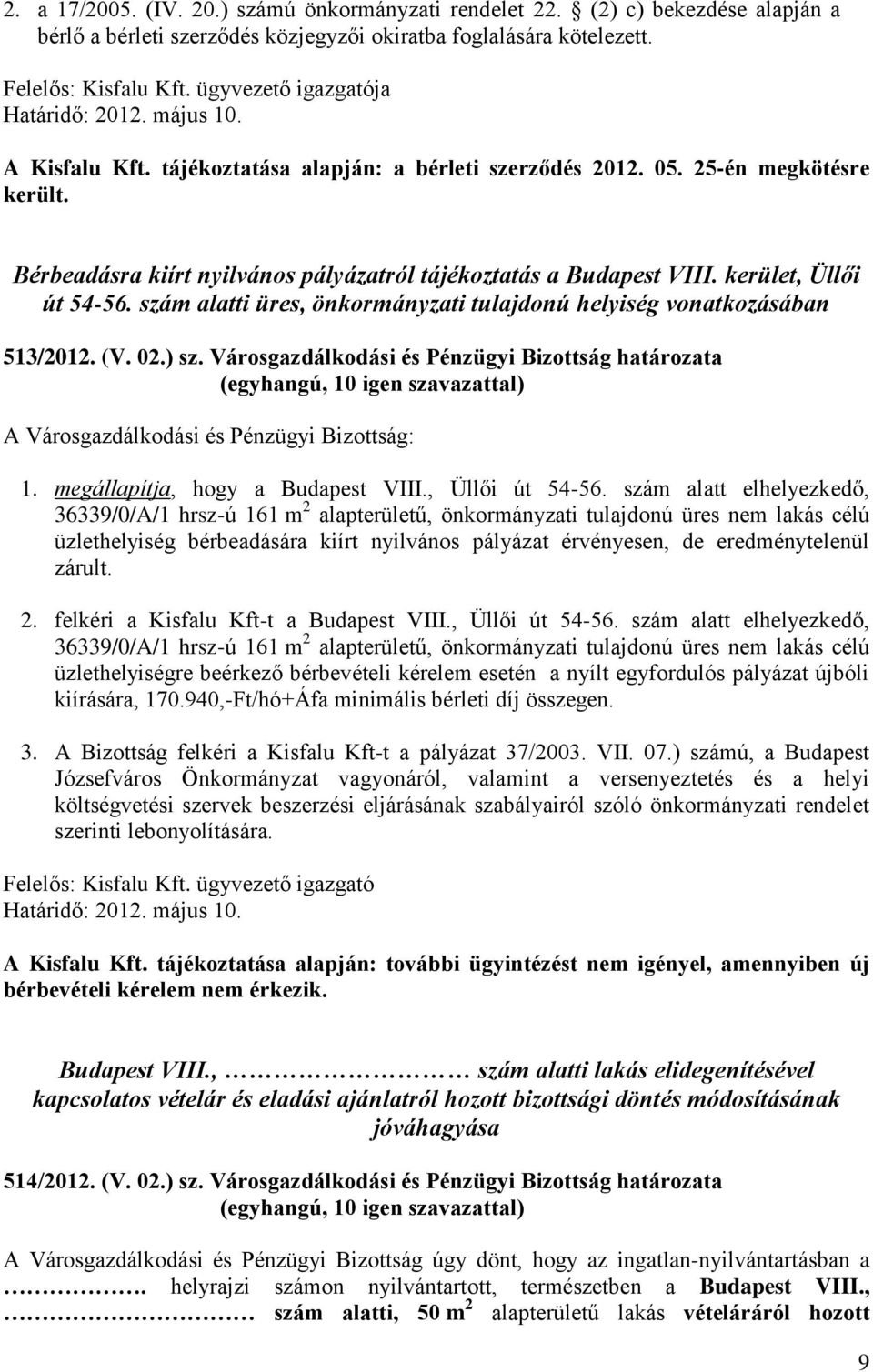 szám alatti üres, önkormányzati tulajdonú helyiség vonatkozásában 513/2012. (V. 02.) sz.