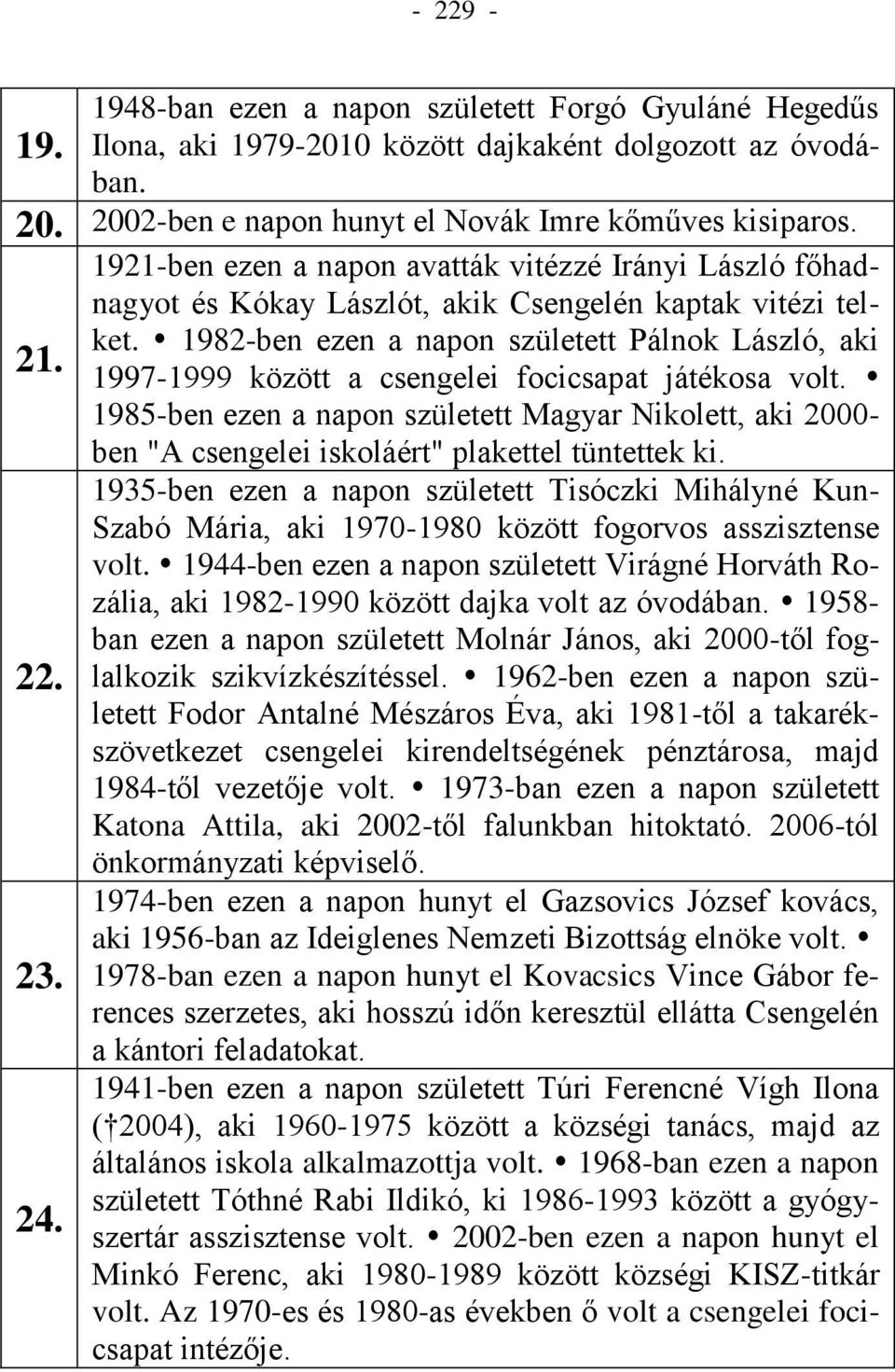 1997-1999 között a csengelei focicsapat játékosa volt. 1985-ben ezen a napon született Magyar Nikolett, aki 2000- ben "A csengelei iskoláért" plakettel tüntettek ki.